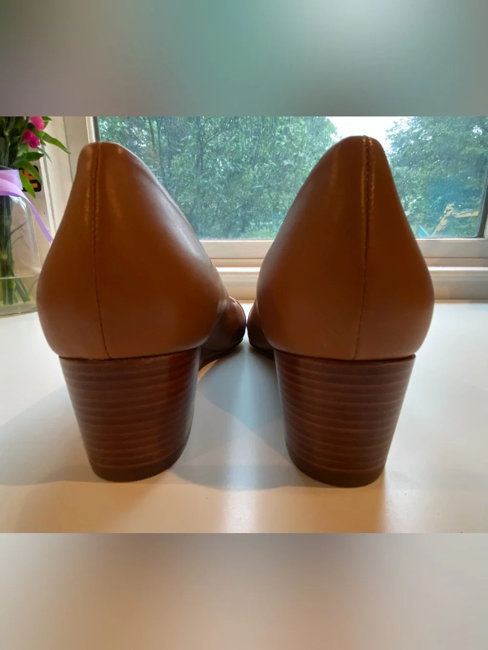 Tory Burch peep toe in camel with wood grain wedge